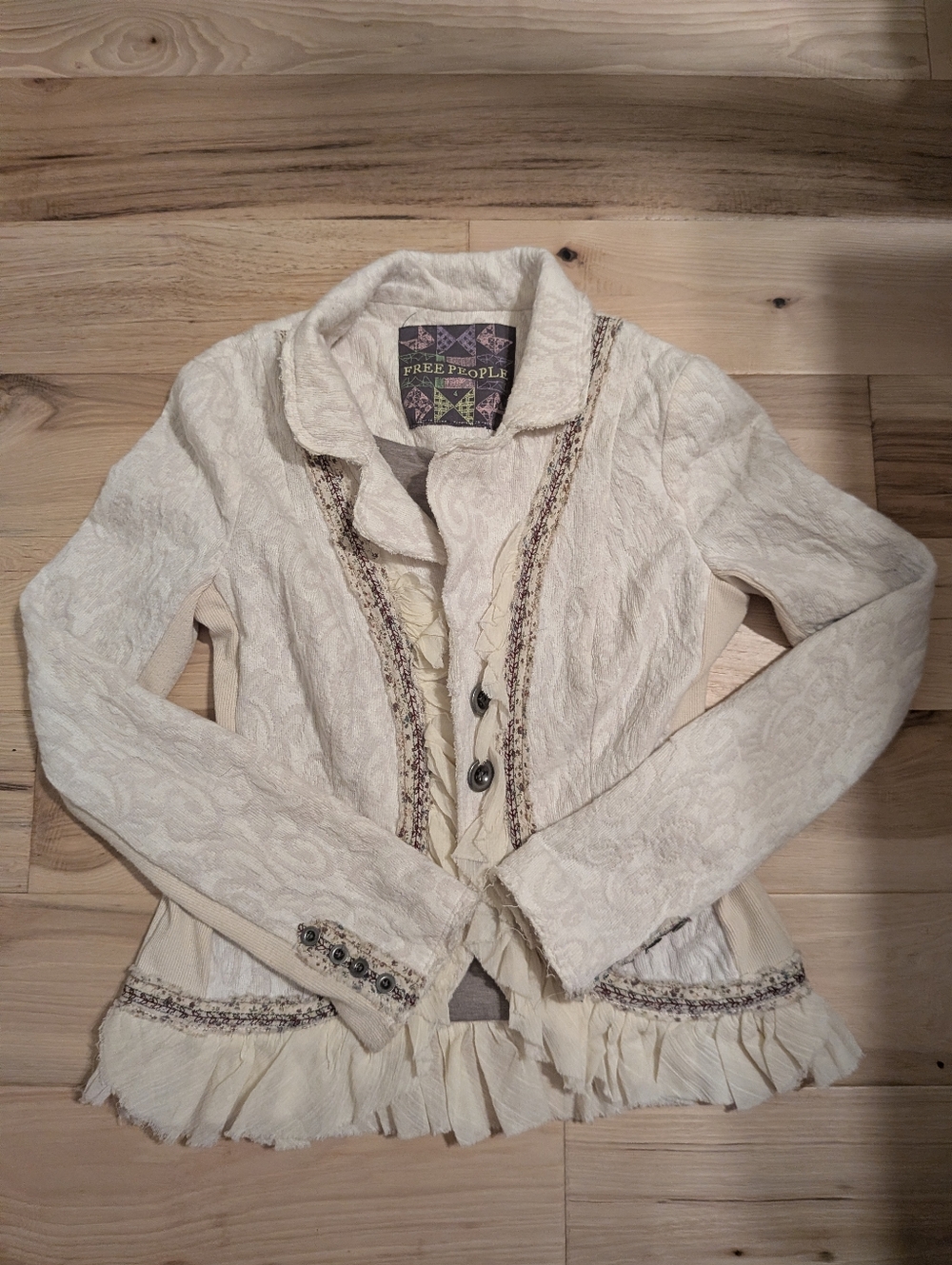 Free People Boho Romantic Cream Colored Ruffle Embroidered Detailing Blazer 4